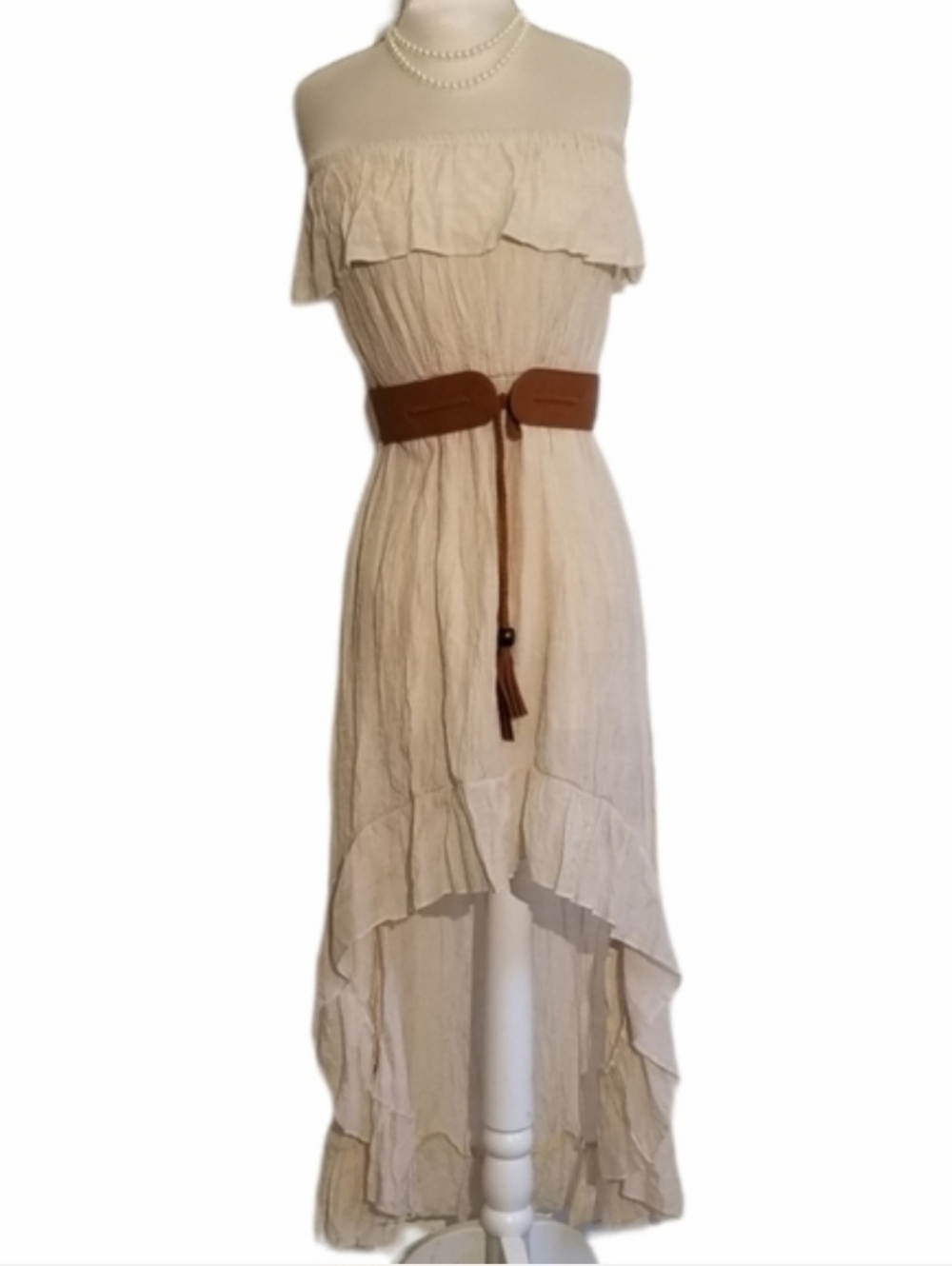 Annabelle Cream Boho Dress Ruffled Strapless High-Low Hem Dress with Belt NWT